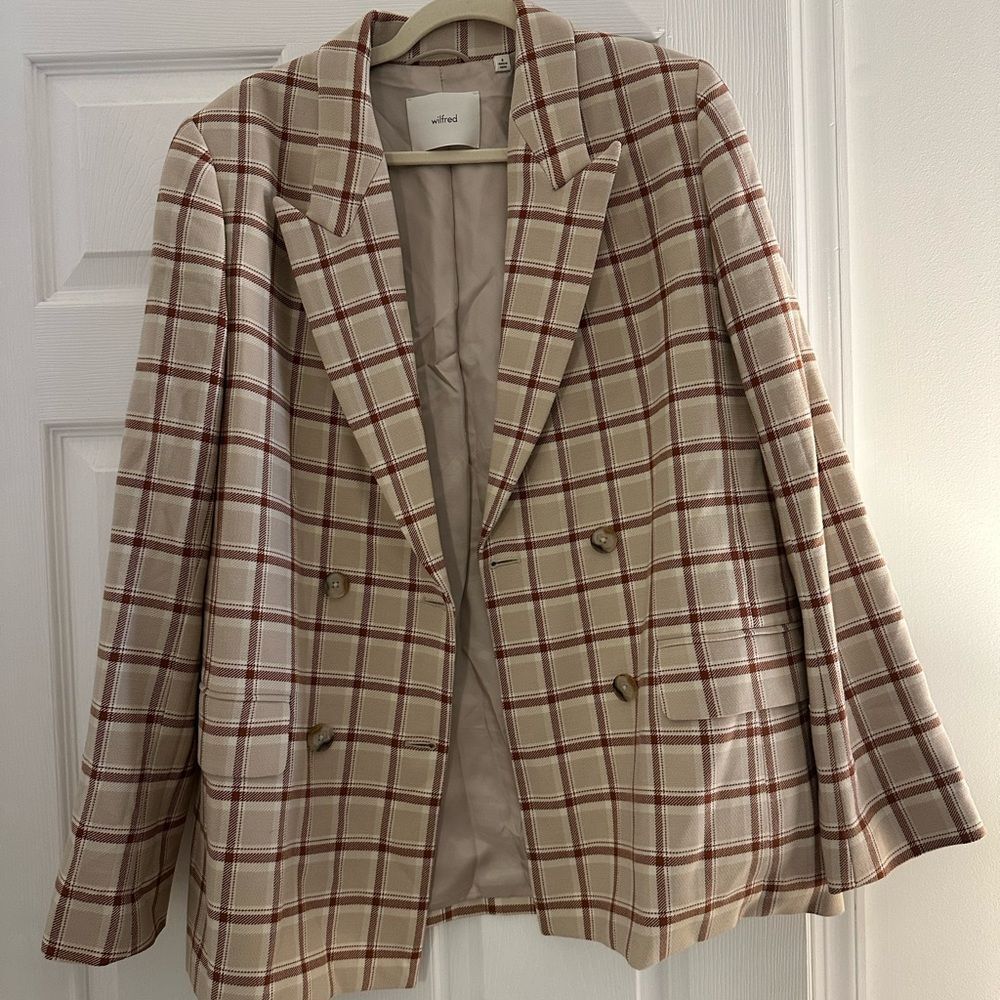Aritzia Wilfred Destiny Blazer Size 8 Francesca Plaid Tailored Neutral Workwear